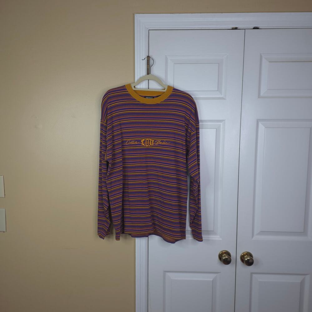 Vintage 90s IOU Striped Long Sleeve Embroidered Crewneck Shirt Men's Large